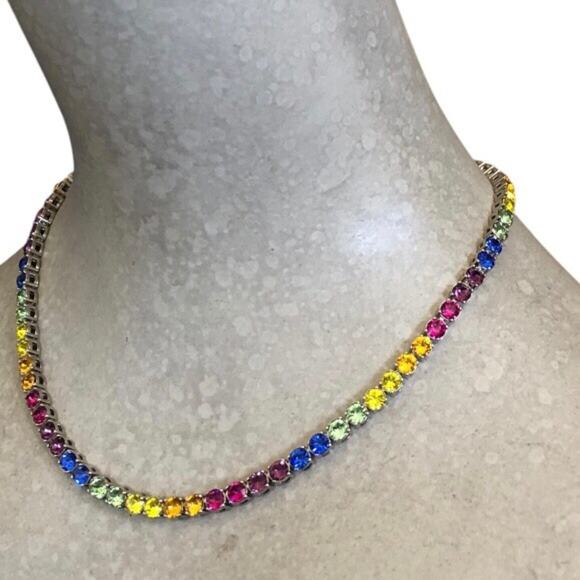 Amina Muaddi Vibrant Color Crystal Silvertone Plated Dazzling Tennis Necklace - Picture 7 of 8